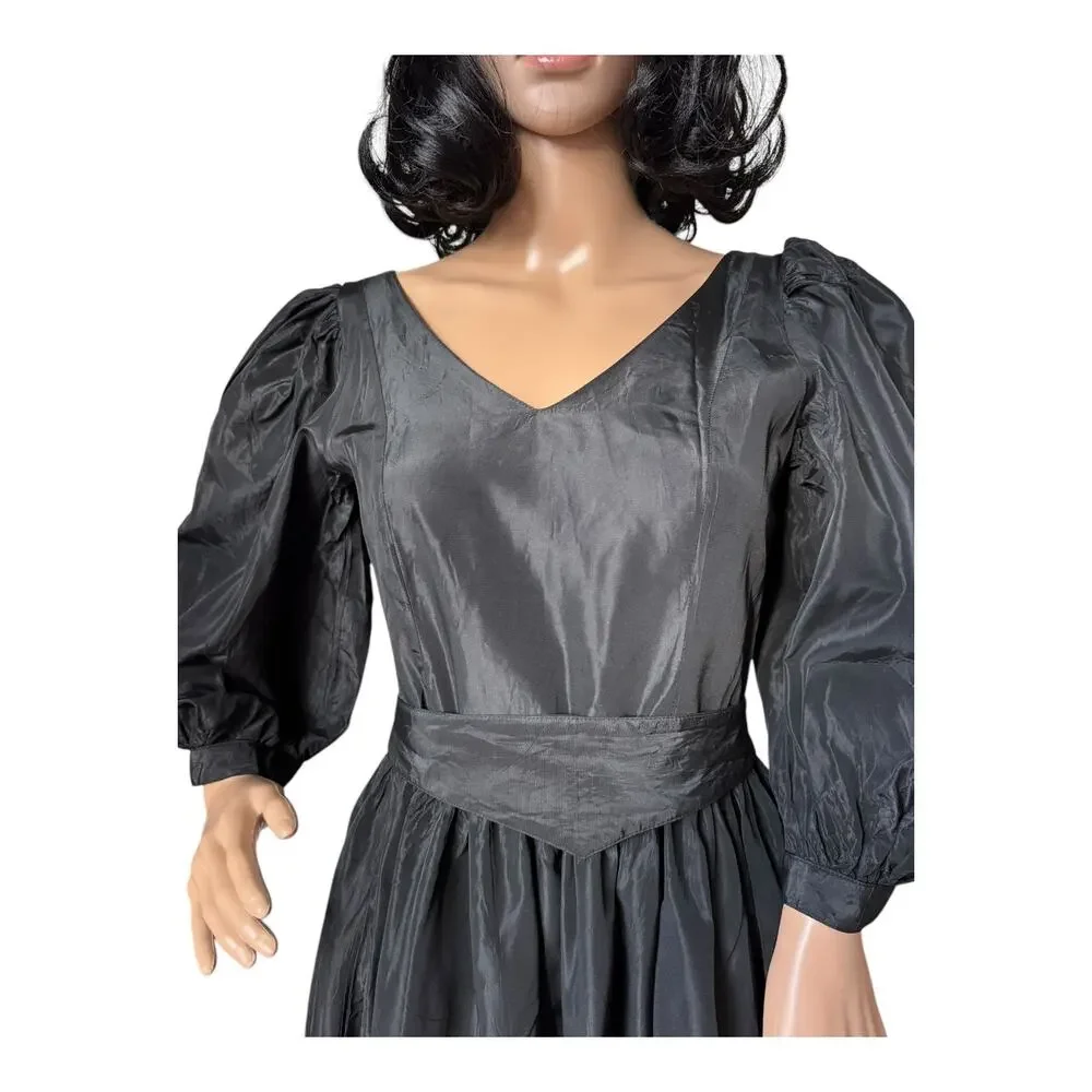 1980s Laura Ashley Black Puff Sleeve Midi Dress Ireland Small